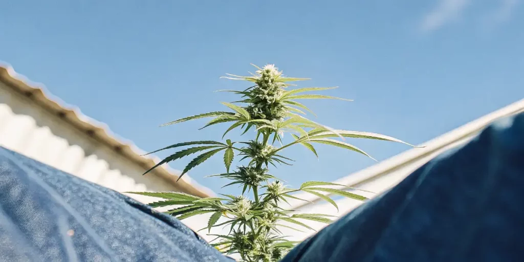 young stunted cannabis plant emerging from soil between mature plants