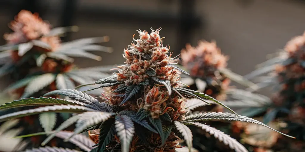 Close-up, hyper-realistic image of a dense auto CBD cannabis bud with prominent red-orange pistils and dark leaves, against a blurred background.