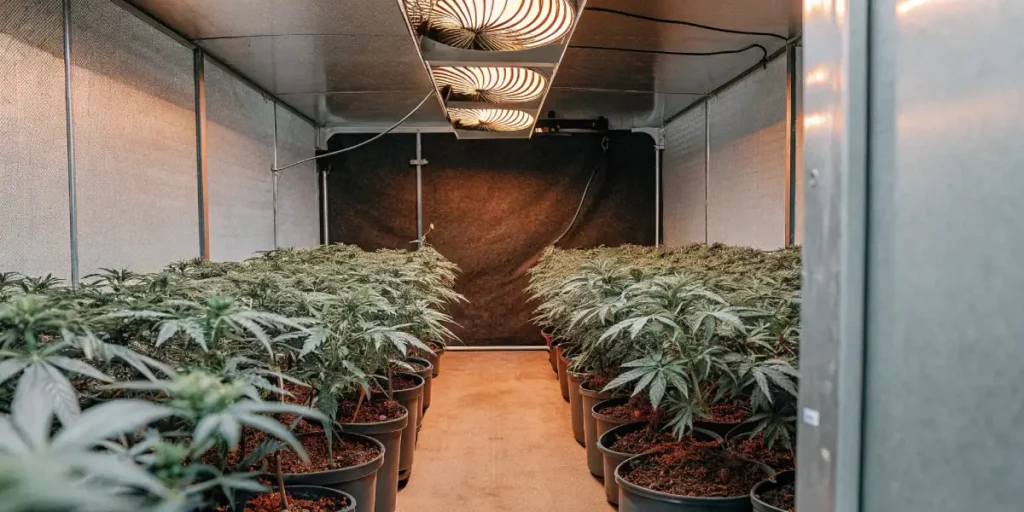 Indoor grow room setup for Auto Colorado Cookies with dense cannabis plants in black pots under bright overhead lights.