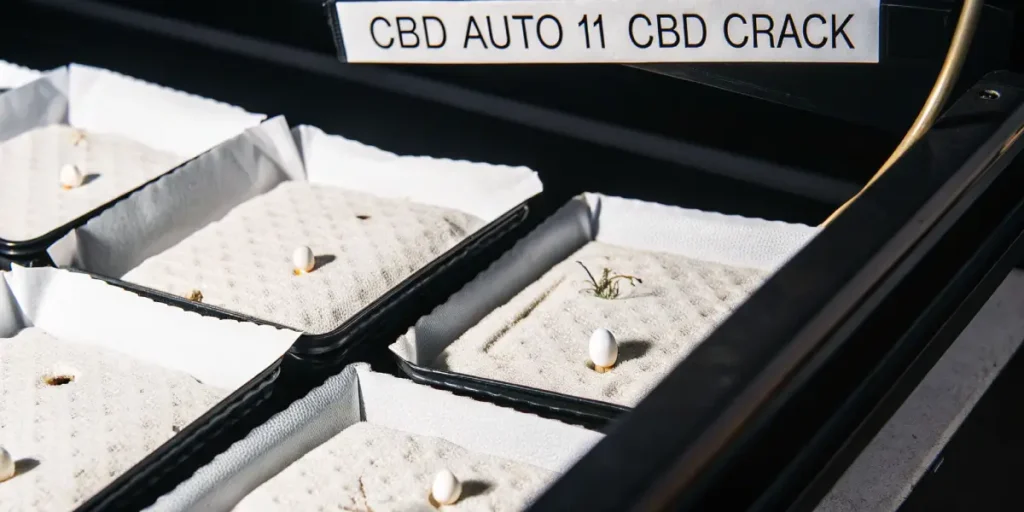 Hyper-realistic close-up of cannabis seeds and small sprouts on white textured germination mats, labeled "CBD AUTO 11 CBD CRACK."