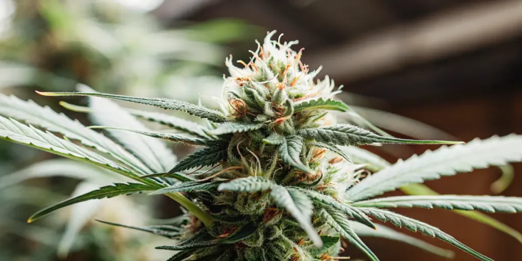 Detailed macro photograph focused on a dense, frosty cannabis bud with prominent orange pistils and green leaves.
