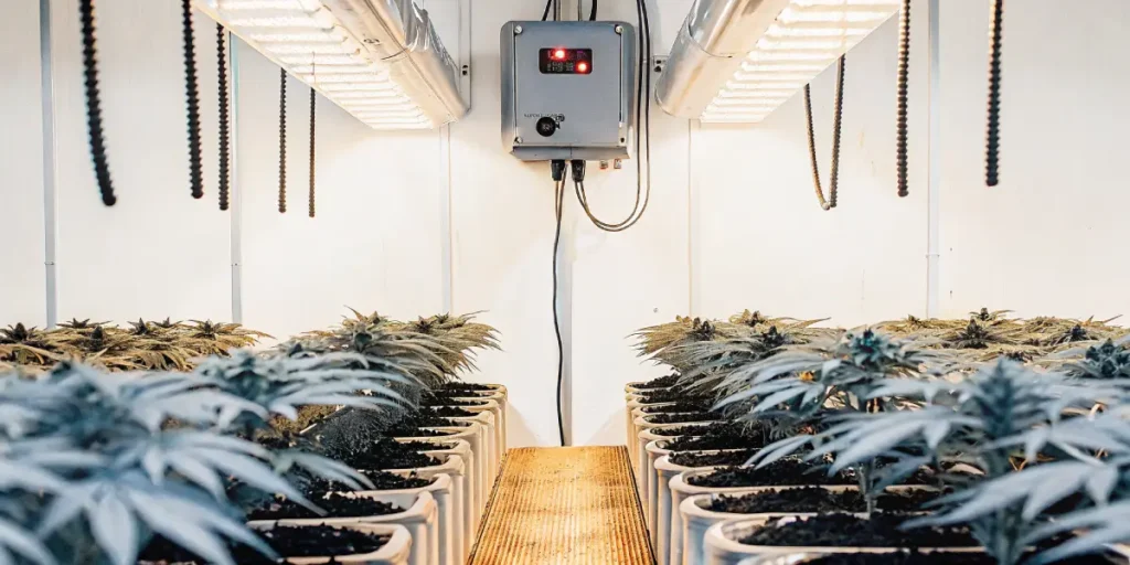 High-tech indoor grow room with rows of cannabis plants and a central control panel with glowing lights, under bright overhead lights.