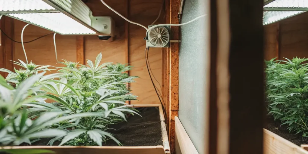 Sophisticated indoor cannabis grow room with rows of lush plants in wooden raised beds, under bright lights, with a fan on the side wall.