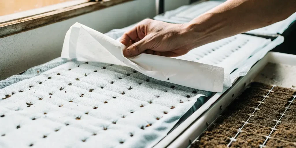 Hyper-realistic image of a hand lifting a white paper cover from a tray of cannabis seeds on a germination mat, with other seed trays in the background.