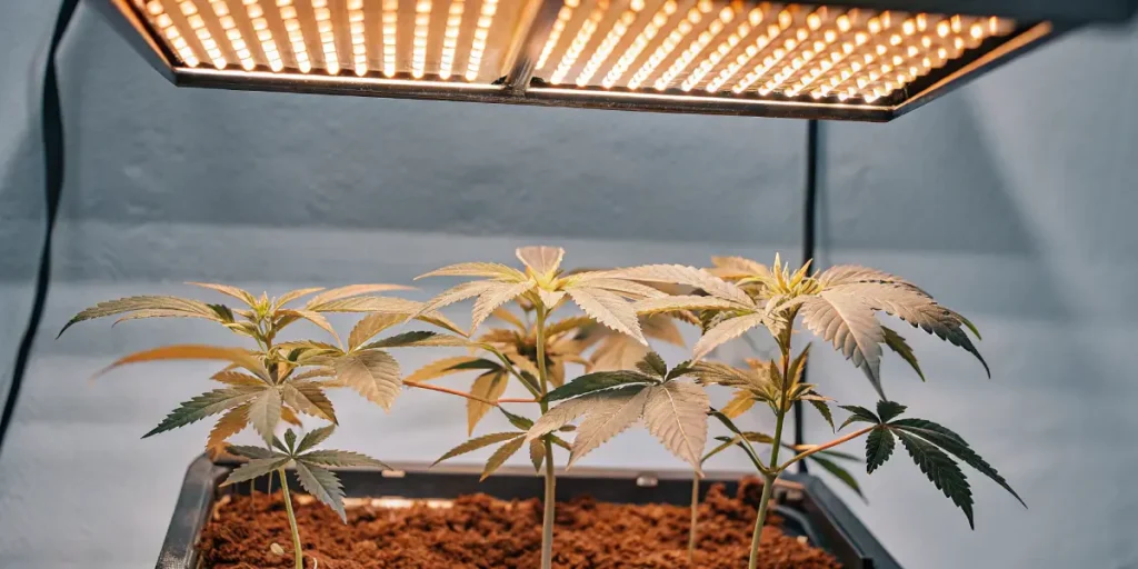 Indoor cannabis cultivation setup: cannabis seedlings in a black tray under a warm orange LED grow light.