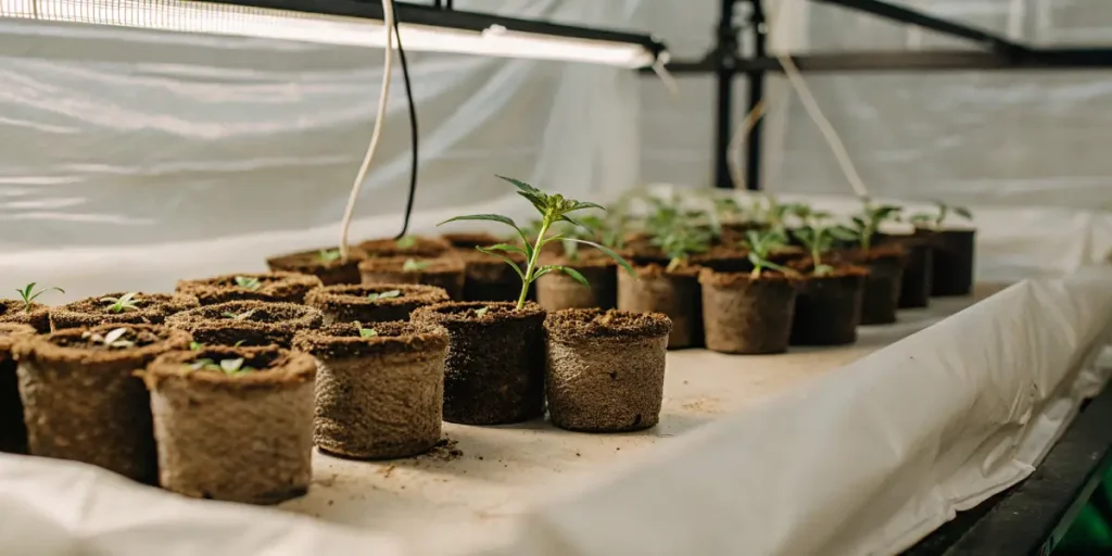 Highly detailed image capturing different stages of cannabis seedling growth in various pots under grow lights in an indoor setting.