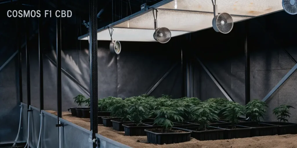 Ultra-realistic indoor cannabis grow room with Cosmos F1 CBD plants in rows, under overhead lights and fans, with "COSMOS F1 CBD" text.