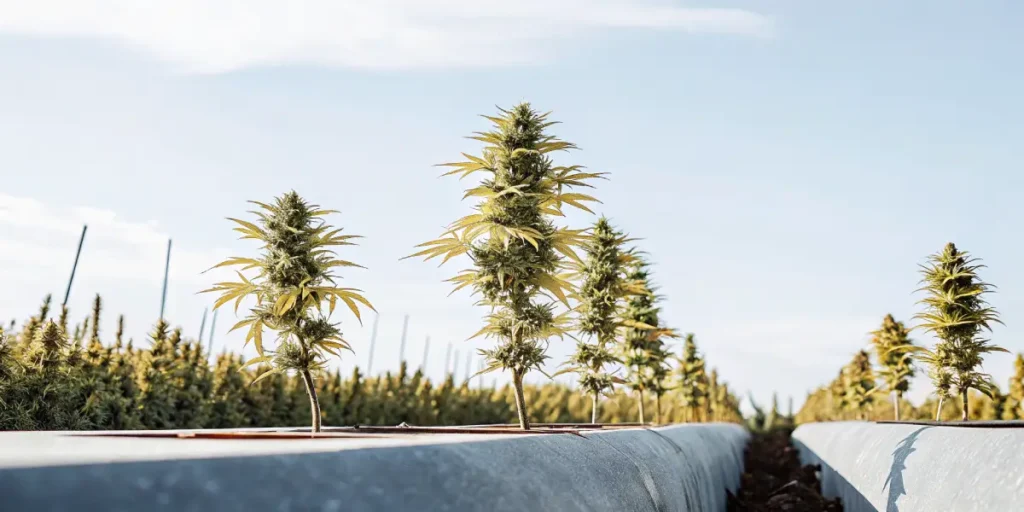 Hyper-realistic scene of Euphoria CBD cannabis plants growing in rows with white covers on the ground, under a bright, clear sky.