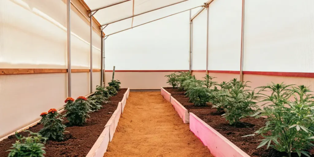 Serene outdoor setting tailored for growing cannabis: a long pathway with raised beds of plants inside a greenhouse tunnel, with orange flowers.
