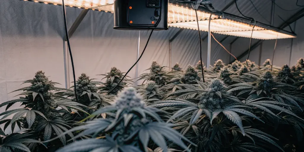 High-tech indoor grow room with rows of lush cannabis plants and numerous bright overhead lights.