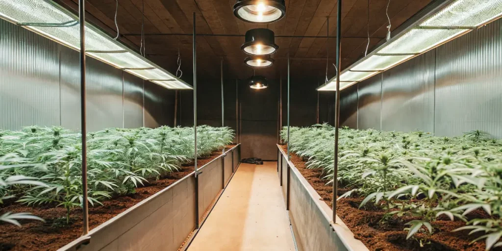 Hyper-realistic image of an indoor cannabis grow room with rows of lush plants in long beds, under white linear and circular overhead lights, and a wooden ceiling.