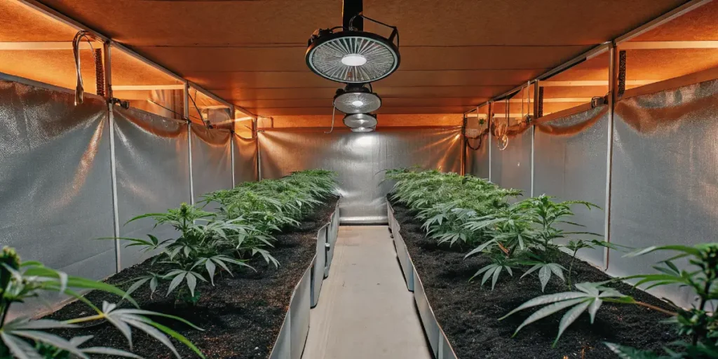 Hyper-realistic image of an indoor cannabis grow room with rows of lush plants in dark beds under bright overhead lights and fans, with warm orange walls.