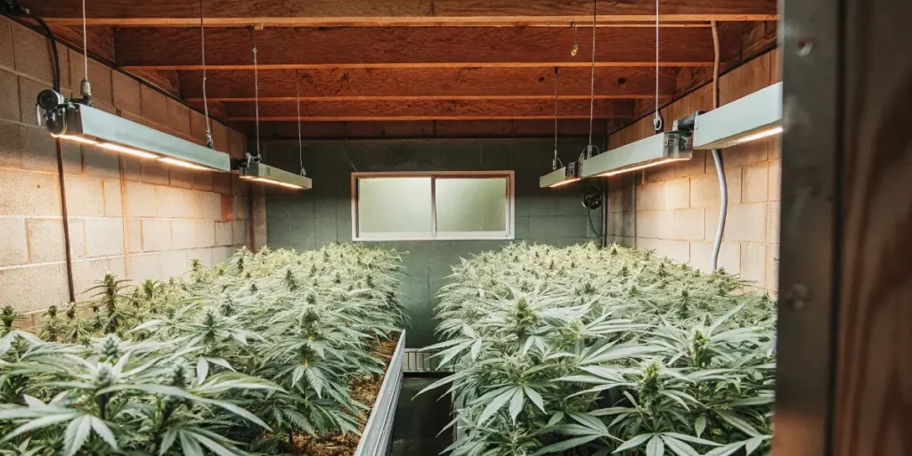 Hyper-realistic indoor cannabis grow room with rows of lush plants in long beds, under bright lights, with a window and a wooden ceiling.