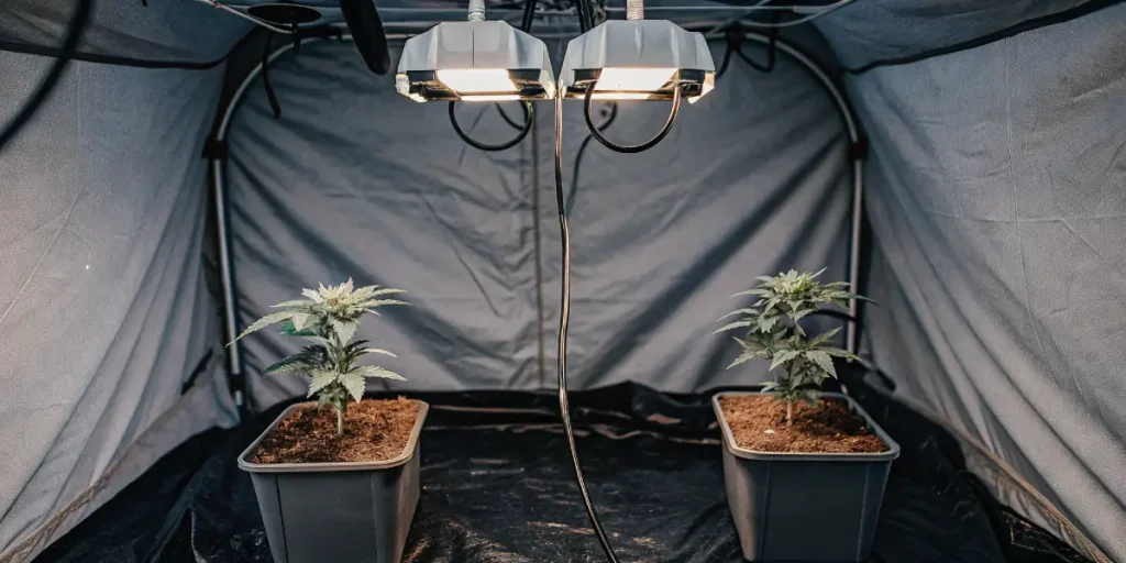 Highly detailed image showcasing an indoor cannabis grow tent with two potted plants under bright overhead lights.