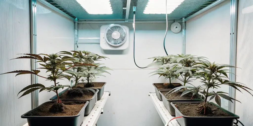 Hyper-realistic image of an indoor cannabis grow tent setup with potted plants on shelves, overhead lights, and a wall-mounted fan.