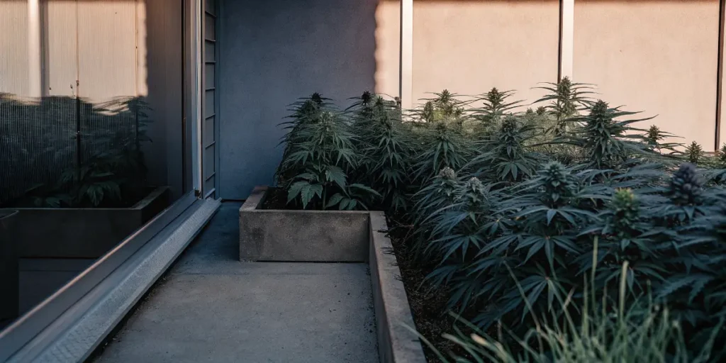 Picturesque outdoor garden with dense cannabis plants in raised concrete beds, along a modern building with reflective windows, bathed in warm sunlight.