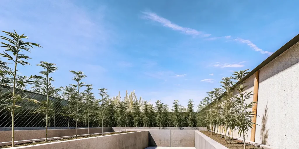 Hyper-realistic outdoor growing environment: rows of cannabis plants in raised beds with concrete walls, under a blue sky, with a fence.