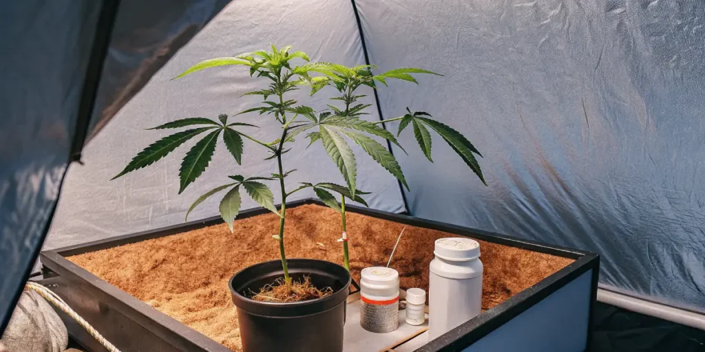 Hyper-realistic close-up of a potted cannabis plant and supplies in a grow tent with reflective walls, under bright light.