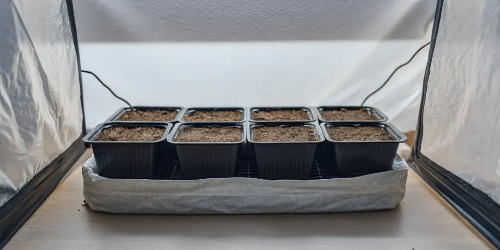 Highly detailed image capturing eight square black seedling pots with soil, arranged in a white tray inside a grow tent.
