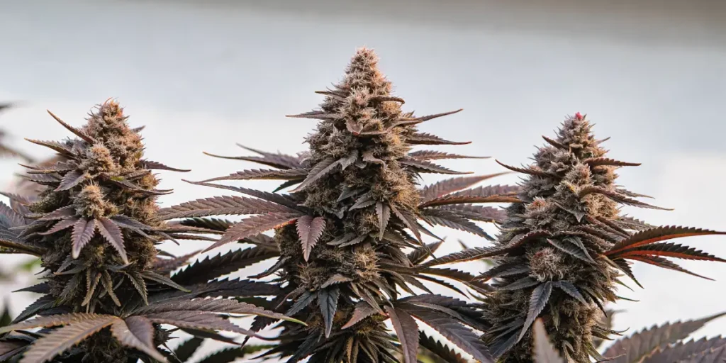 Hyper-realistic close-up of three dense Shishkaberry cannabis buds with dark purple leaves, against a light background.