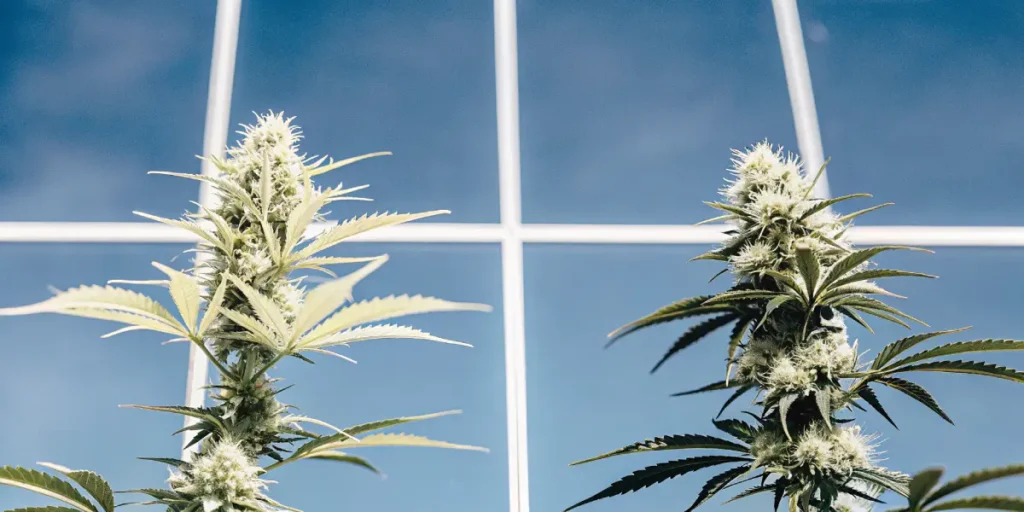 Intricate close-up of two Solomatic CBD Auto cannabis buds with prominent white pistils and light green leaves, against a blue sky through a greenhouse roof.