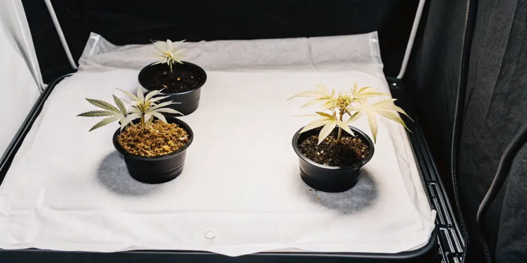 Hyper-realistic image of three potted cannabis seedlings with light, discolored leaves, inside a grow tent on a white mat.