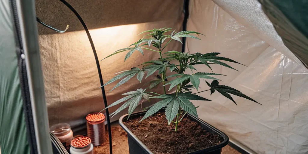 Hyper-realistic close-up of a young cannabis plant in a black pot, under a warm light in a grow tent, with red-capped bottles visible.