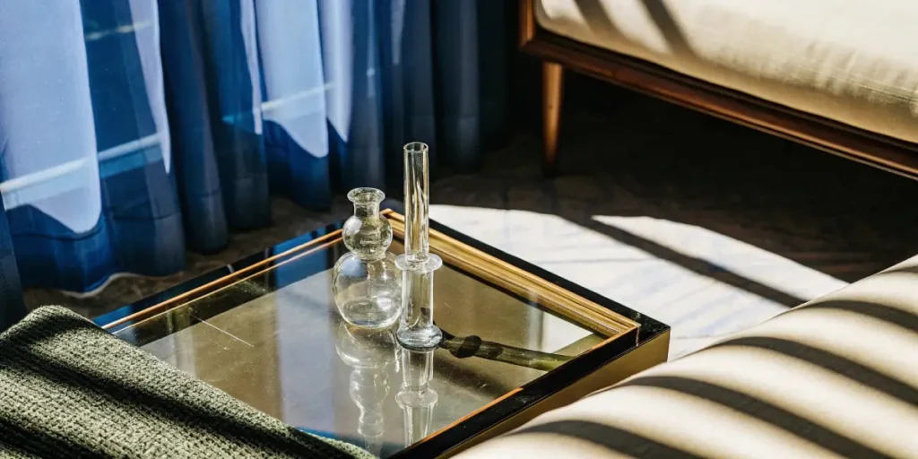 Clear glass dab rig and accessories on a reflective glass coffee table in a sunny living room.