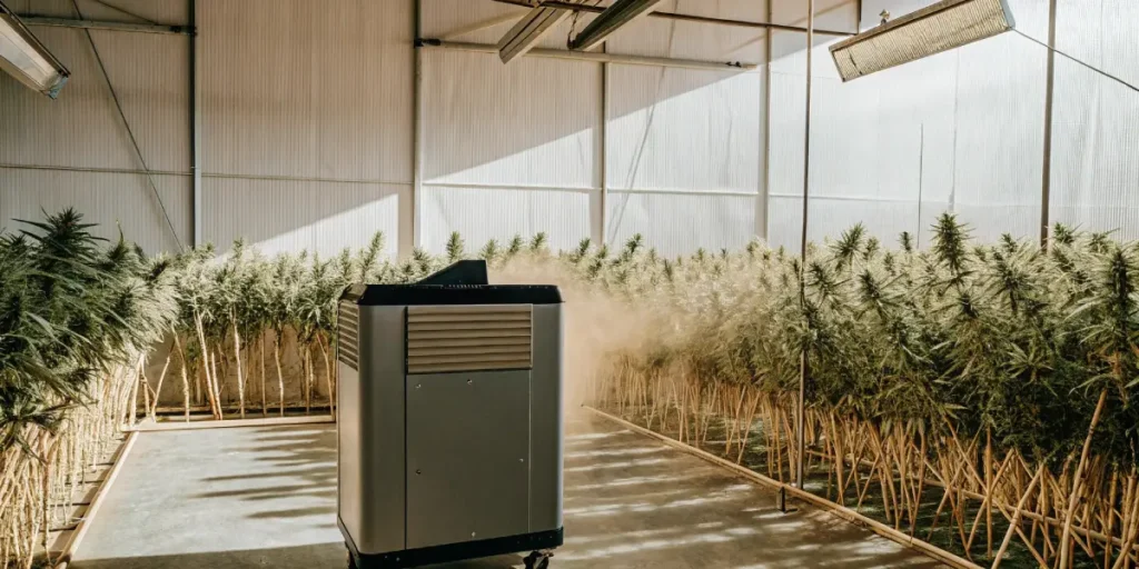 automated dehumidifier operating in a large cannabis drying facility