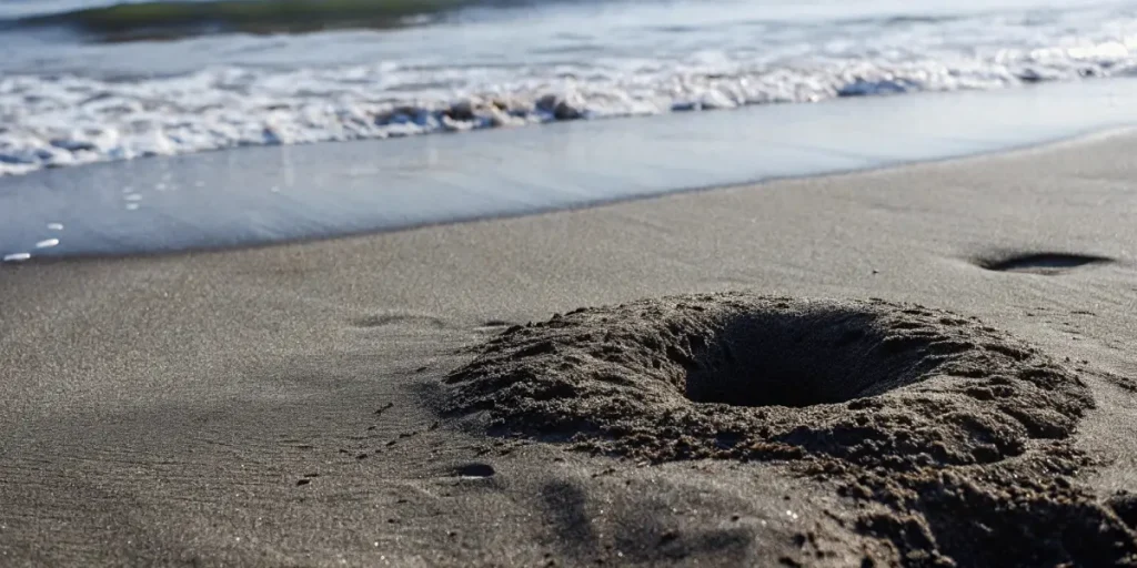 Small circular hole dug in wet beach sand near the shoreline with waves approaching