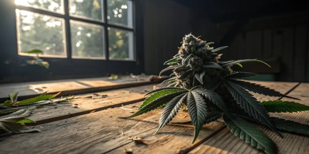 Black strain cannabis bud with dark leaves on wooden floor by window.