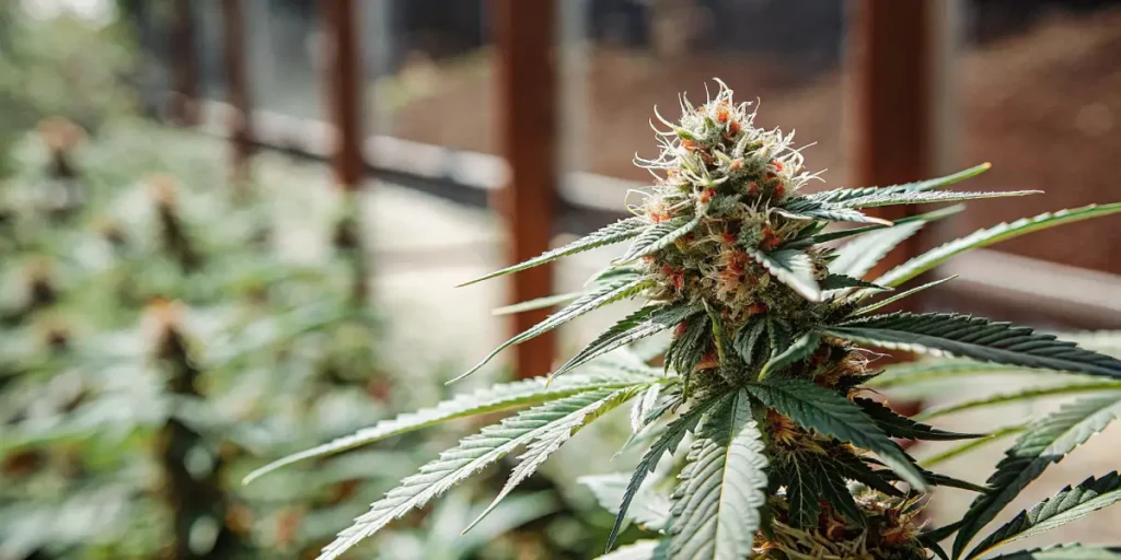 Detailed close-up of a flowering Bubba OG cannabis plant with dense buds and vibrant trichomes.