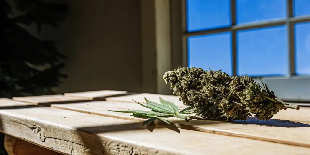 Cannabis bud with leaves on rustic wooden table by sunny window.