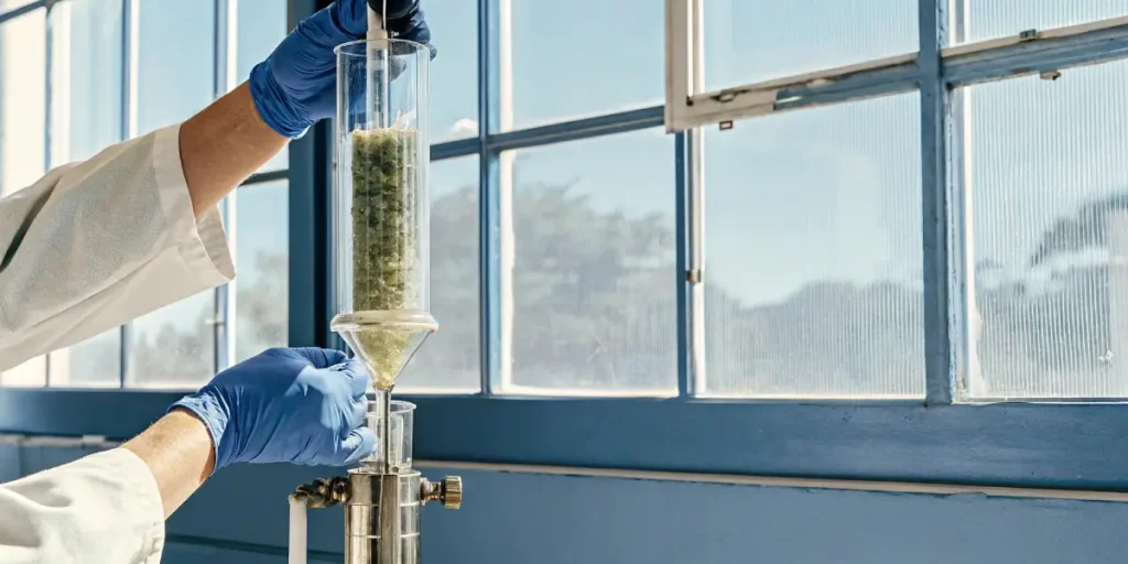 technician loading cannabis material into extraction column in laboratory