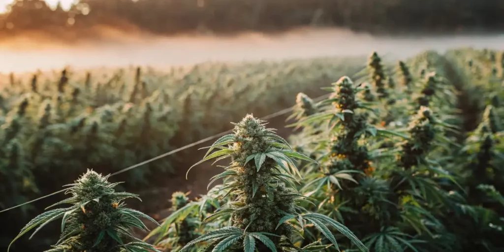 Flowering cannabis plants in a misty field at sunrise with dense colas.