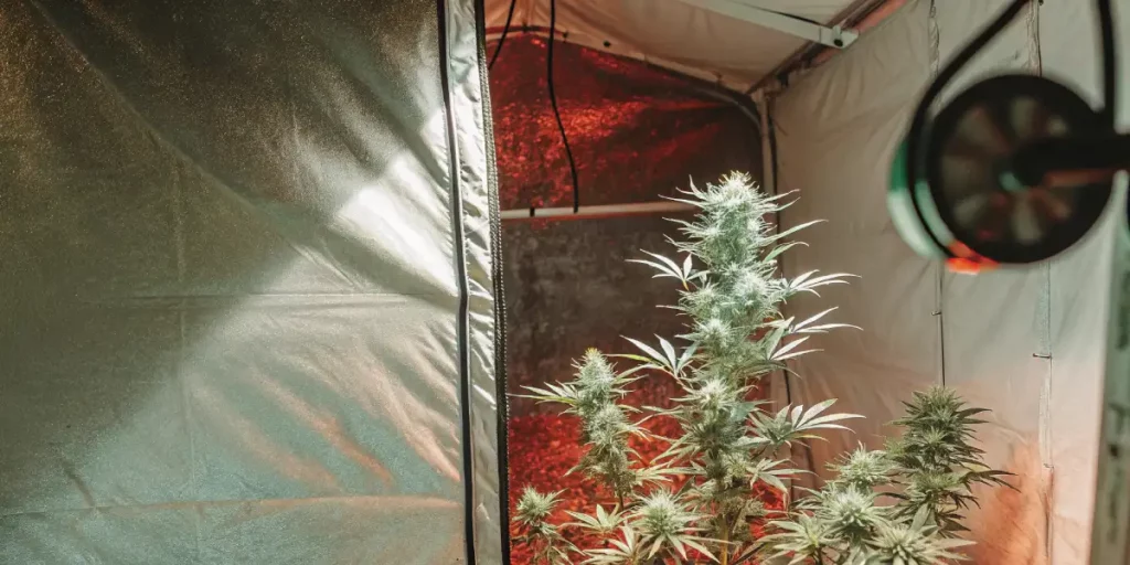 Cannabis plants flowering inside a reflective grow tent with ventilation fan.