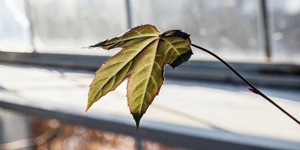 close-up of a damaged cannabis leaf indoors under natural light