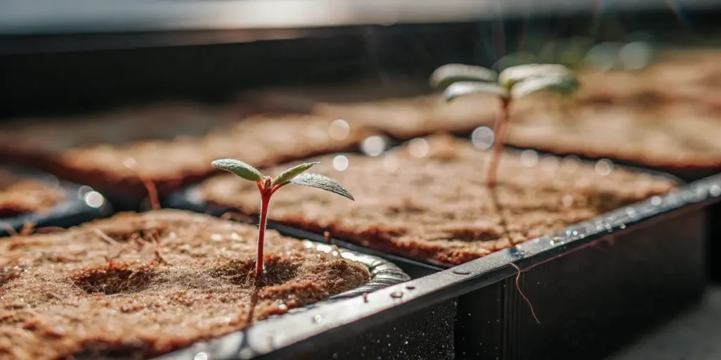 Macro shot of cannabis sprout emerging from a rockwool cube in a hydroponic tray