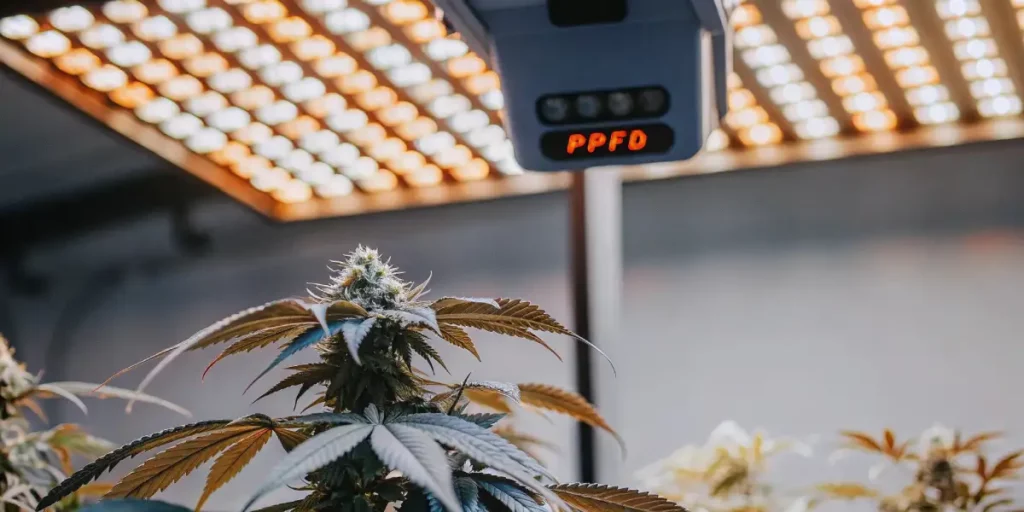 Flowering cannabis plant monitored by a PPFD LED sensor under grow lights.