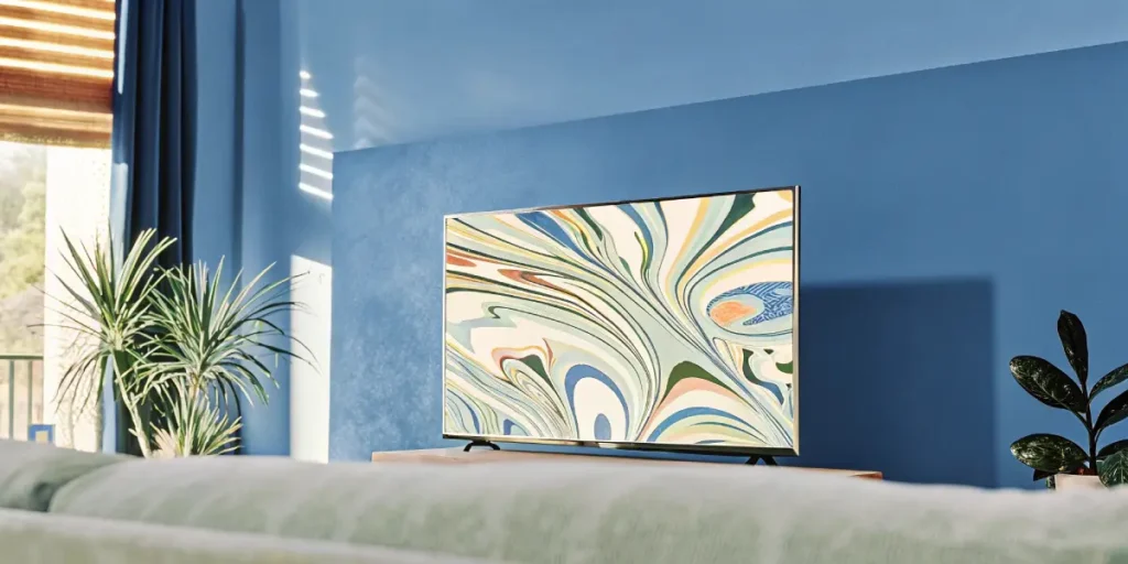 Colorful living room with modern TV displaying abstract art on a blue wall, next to plants and window.