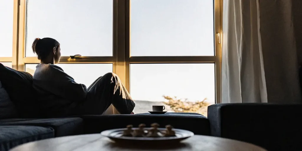 person sitting in a cozy living room by the window during a psilocybin experience