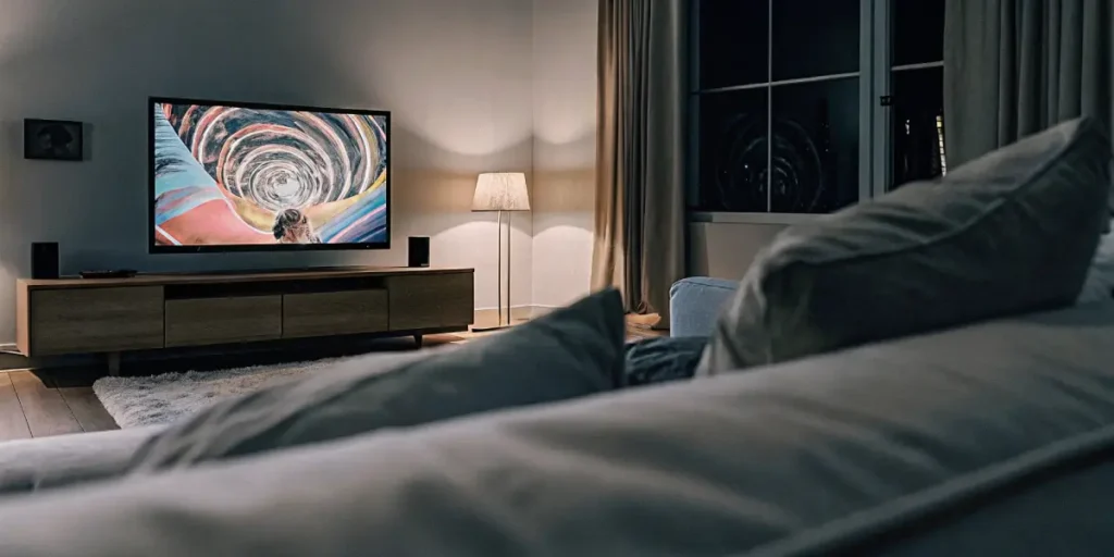 Cozy living room with a large TV displaying psychedelic visuals, perfect for a relaxed and immersive experience