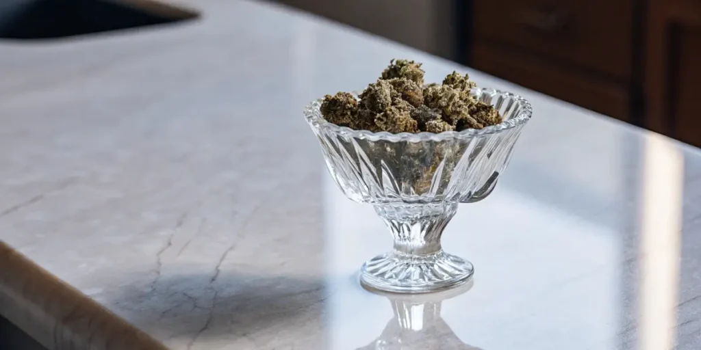 a close-up shot of a single crystal bowl filled with cannabis buds on a marble countertop