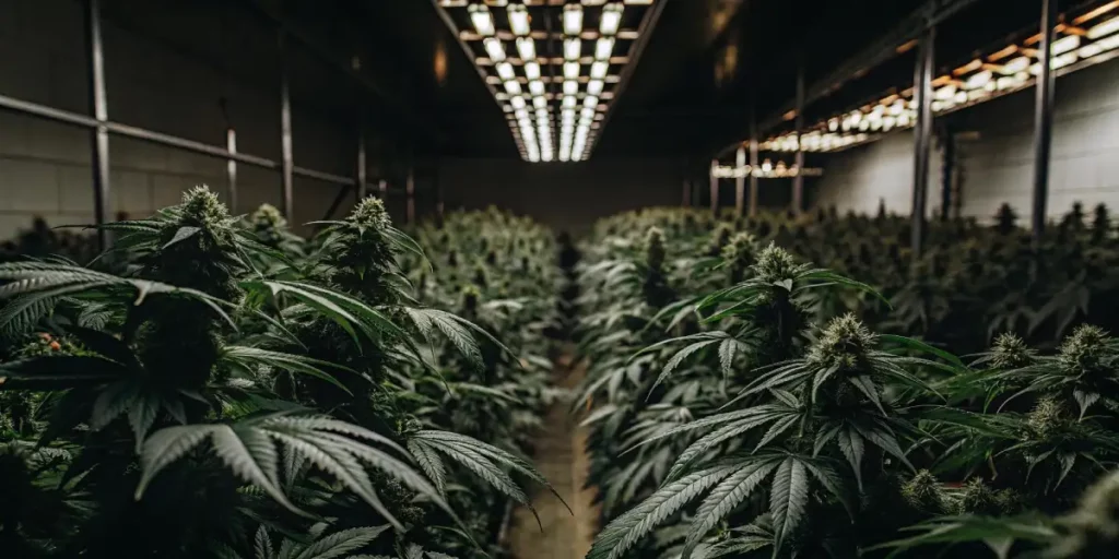 Dark indoor grow room with mature cannabis plants under focused overhead lighting.