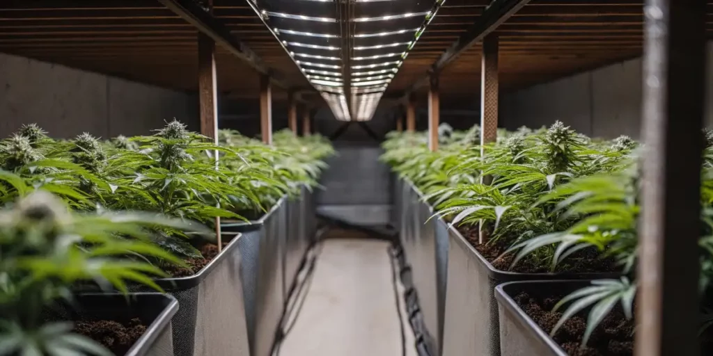 Dense rows of flowering cannabis under LED grow lights in an indoor setup.