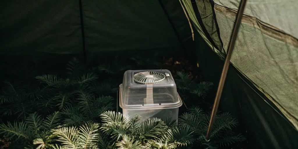 DIY humidifier made from a plastic container with a fan, placed on the forest floor in a cannabis grow tent