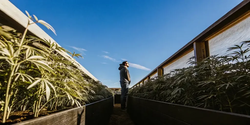 Outdoor cannabis plants in early spring growing in natural soil with morning sunlight.