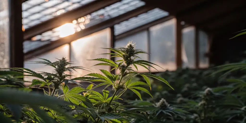 Flowering cannabis plant with dense buds illuminated by sunset in a greenhouse.