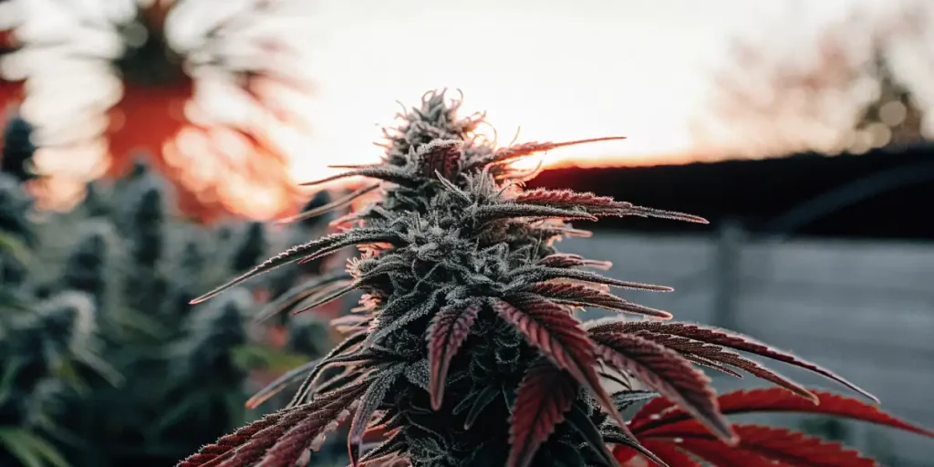 Frost-covered cannabis bud with purple leaves glowing at sunset.