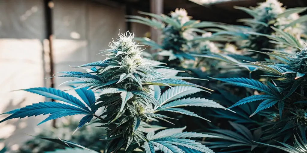 Frosty cannabis plant with blue-tinted leaves growing outdoors in a shaded area.